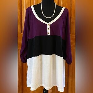 NWT Women's Plus Corfrute Purple, Black and White Top V-Neck Size XL